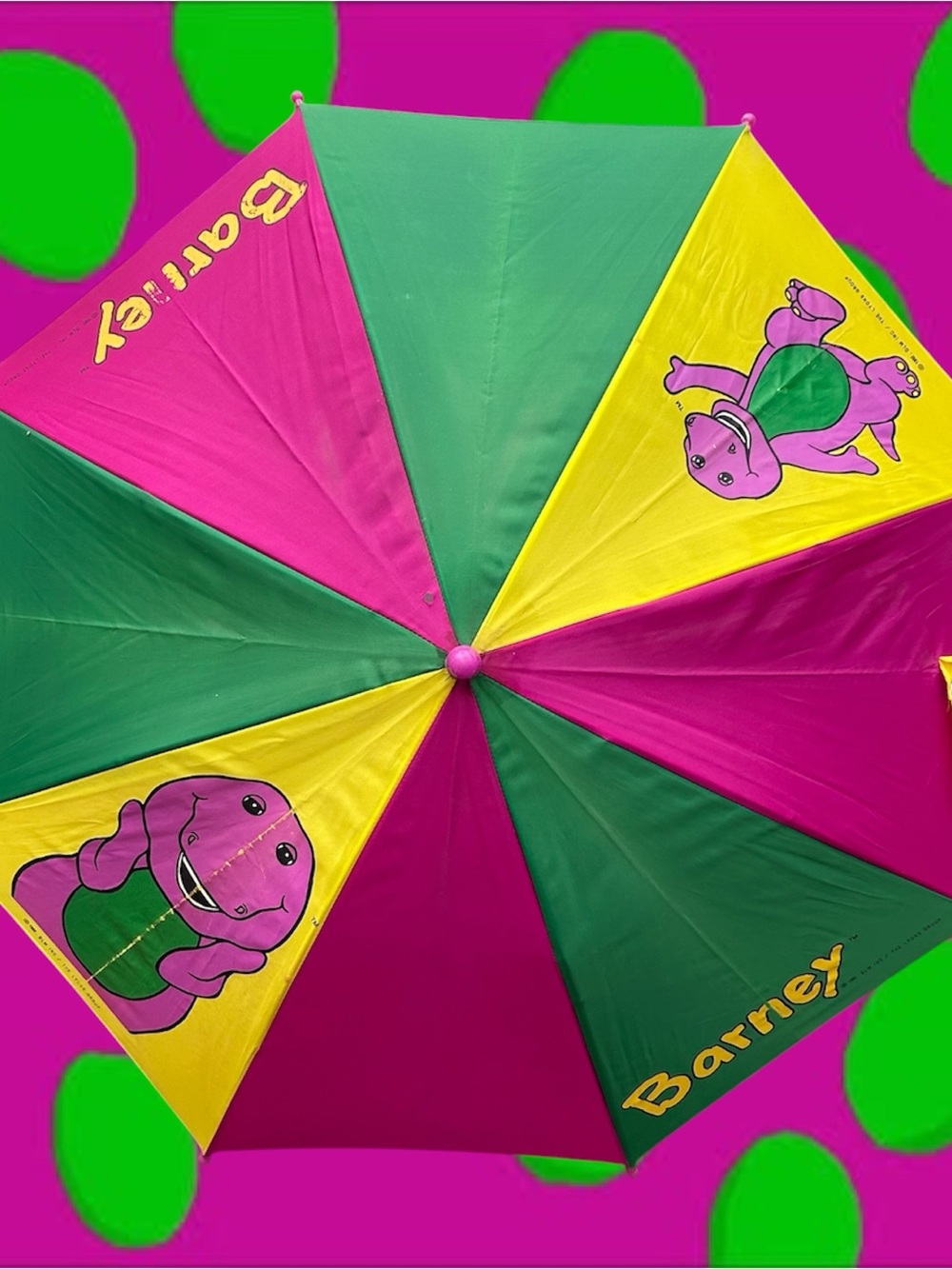 Vintage 90s Barney Kids Beach/Play Umbrella in Pink, Green & Yellow